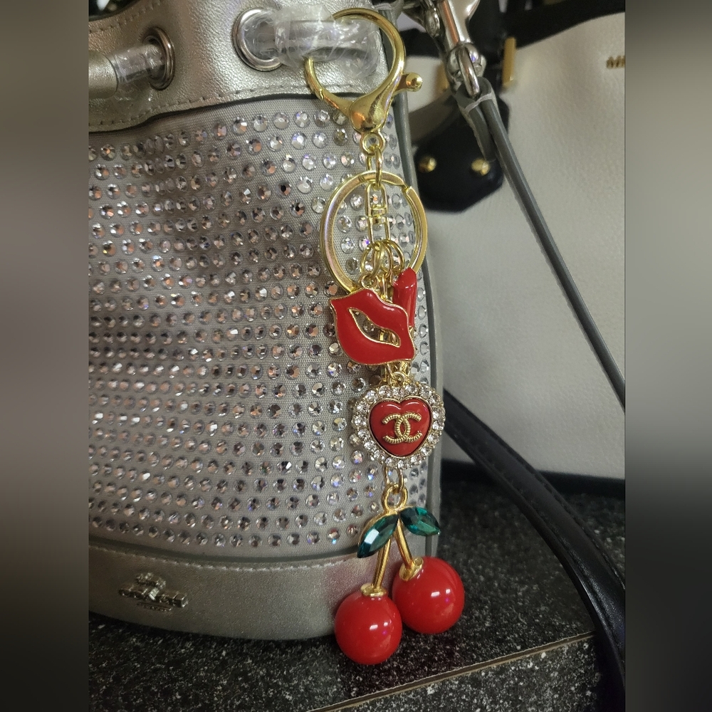 CC Crystal Heart, Unbranded Cherry & Charms Keychain Bag Charm, New